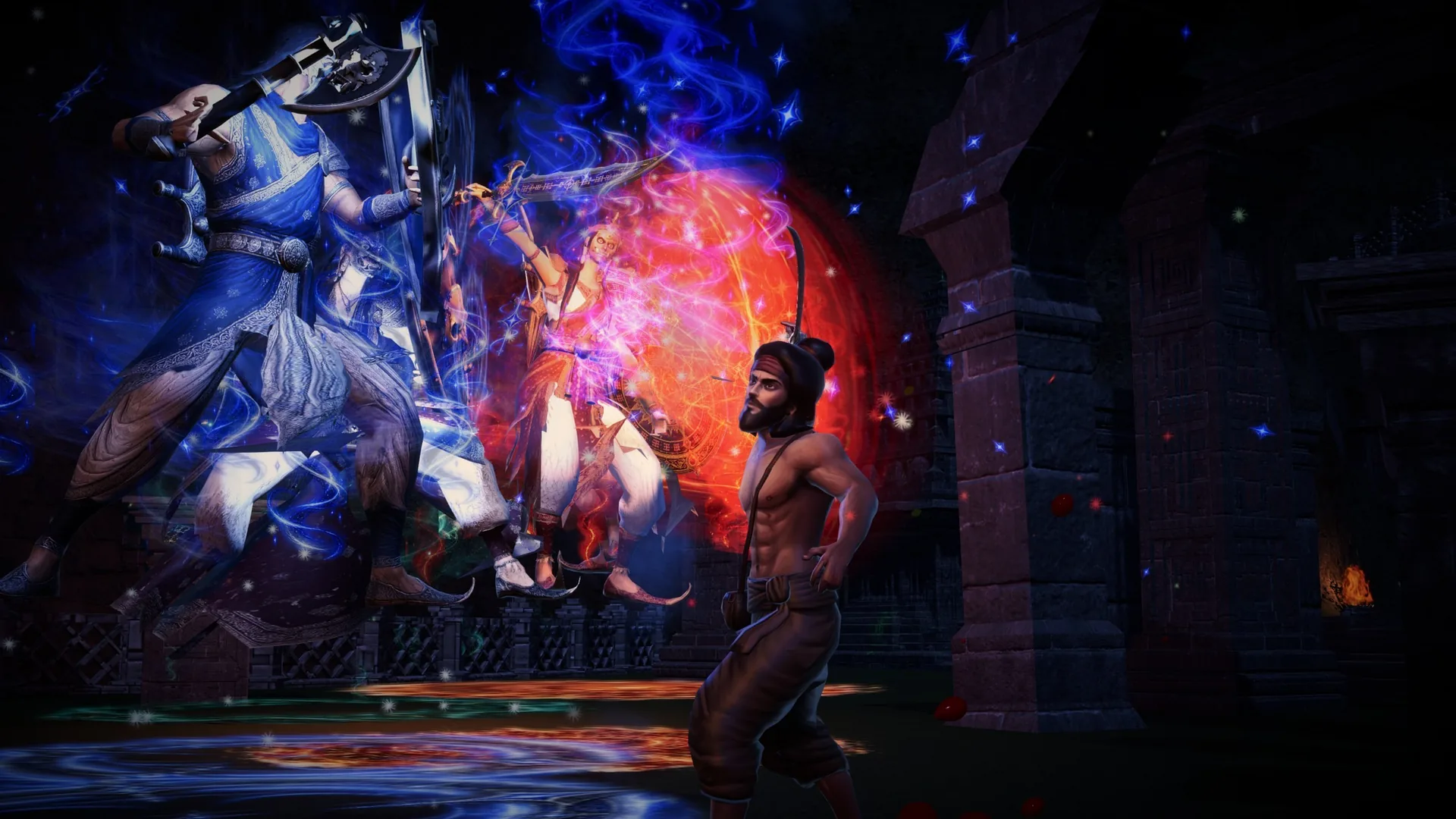The sailor faces a towering multi-armed foe amid blue and red supernatural energy